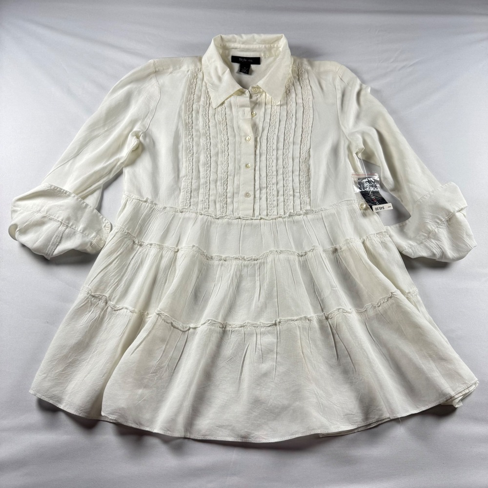 Style & Co Womens White Tiered Babydoll Tunic Top Lace Pintuck Rayon Small NWT